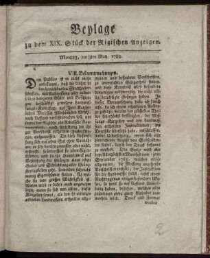 1788,19,Beil: Beylage zu dem XIX. Stück der Rigischen Anzeigen