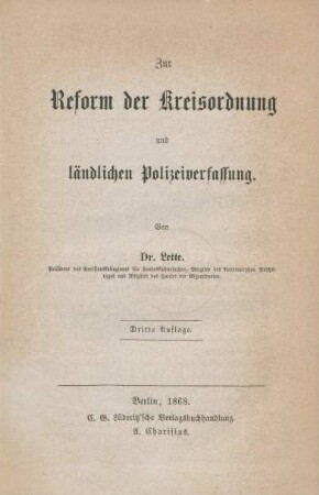 Zur Reform der Kreisordnung und ländlichen Polizeiverfassung