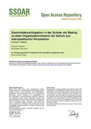 Stakeholderpartizipation in der Schule: ein Beitrag zu einer Organisationstheorie der Schule aus mikropolitischer Perspektive