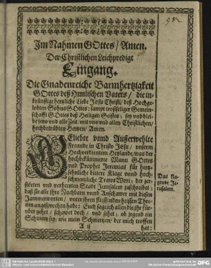 Leichenpredigt : Der Christlichen Leichpredigt Eingang, Textus, Exordium, Abhandlung,
