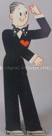 Werbeaufsteller in Form eines lachenden Mannes mit Herz auf der Brust
