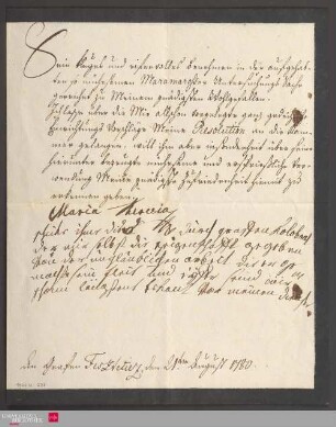 Ms 85-16 - Brief von Maria Theresia (Österreich, Erzherzogin) an unbekannt