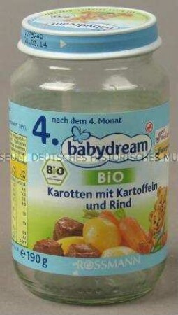Babynahrung: Karotten mit Kartoffeln und Rind, Glas mit Deckel, leer