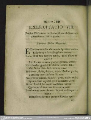 Exercitatio VIII. Faustae Electorum in Rudolphum electum acclamationes, & auguria