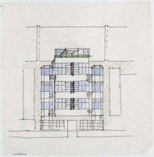 Engerer Bauwettbewerb Internationales Begegnungszentrum der Wissenschaft (IBZ) (nicht realisiert) – Ansicht. Berlin-Wilmersdorf, Ahrweiler Straße/Wiesbadener Straße