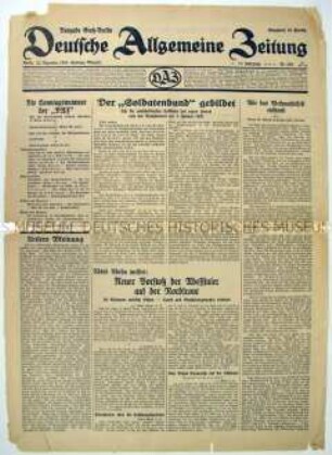 Titelblatt der Tageszeitung "Deutsche Allgemeine Zeitung" u.a. zur Bildung des "Soldatenbundes" und zu außenpolitischen Themen (Äthiopien)
