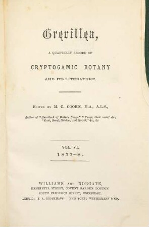 Grevillea : a monthly record of cryptogamic botany and its literature, 6. 1877/78