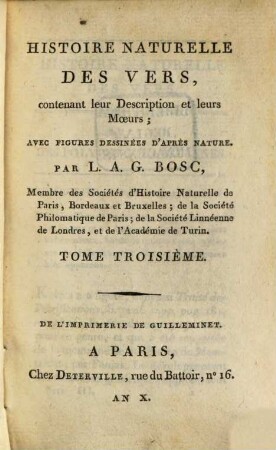 Histoire naturelle des vers : contenant leur description et leurs moeurs ; avec figures dessinées d'après nature. 3