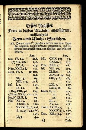 Erstes Register. Derer in beyden Tractaten angeführten, meistentheils Kern- und Macht-Sprüchen.