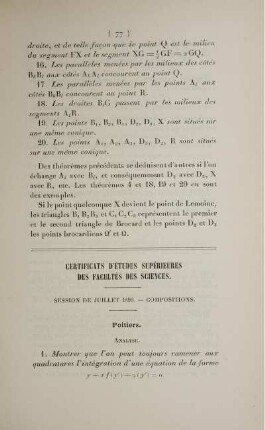 Certificats d'études supérieures des Facultés des Sciences. Session de juillet 1899. - Compositions.