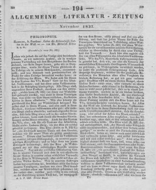 Ritter, H.: Über die Erkenntniß Gottes in der Welt. Hamburg: Perthes 1836 (Beschluss von Nr. 193)
