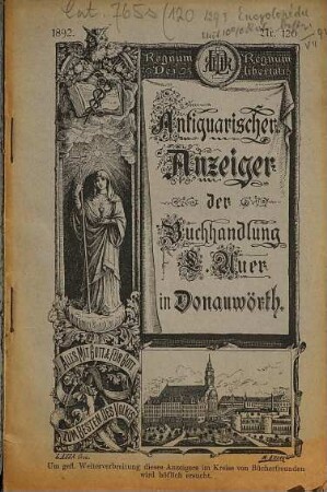 Antiquarischer Anzeiger der Buchhandlung L. Auer in Donauwörth. 120. 1892
