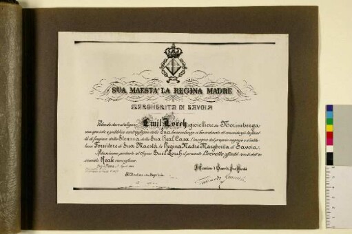[Kopie der Ernennungsurkunde zum Hofjuwelier durch Margherita di Savoia 1905]