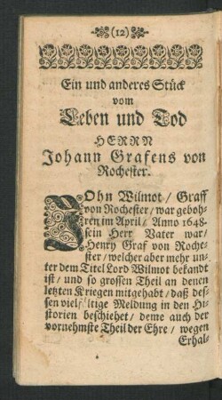 Ein und anderes Stück vom Leben und Tod Herrn Johann Grafens von Rochester.