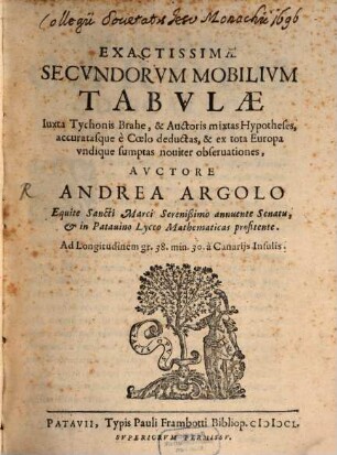 Exactissimae secundorum mobilium tabulae iuxta Tychonis Brahe ... observationes