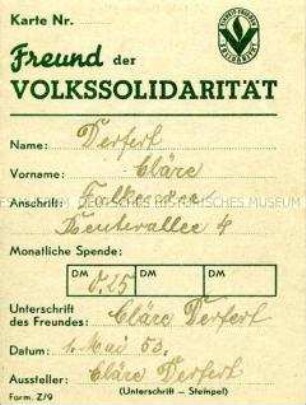 Ausweis "Freund der Volkssolidarität" - Personenkonvolut