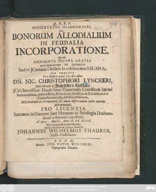 Dissertatio Inauguralis, De Bonorum Allodialium In Feudalia Incorporatione
