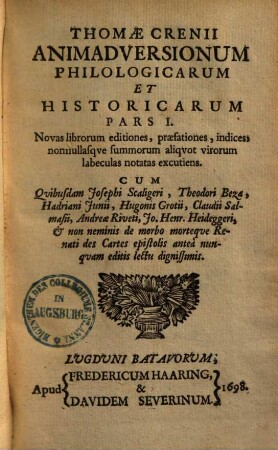 Thomae Crenii Animadversiones Philologicae Et Historicae, 1