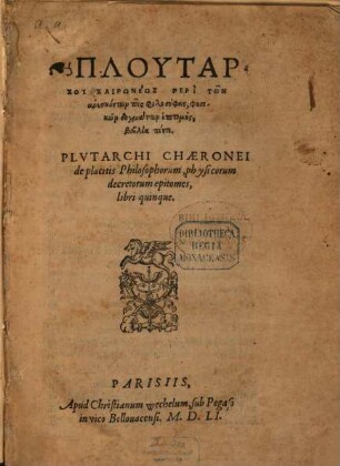 De placitis Philosophorum, physicorum decretorum epitomes, libri quinque