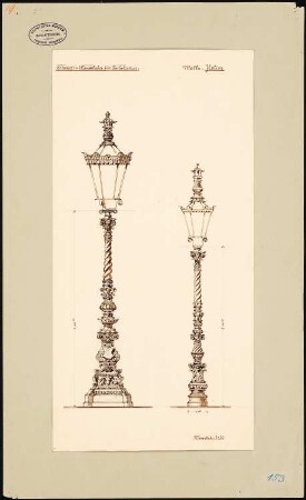 Königliche Oper (auch: Staatsoper unter den Linden, Lindenoper), Berlin 2 Kandelaber für Gaslaternen: Ansicht 1:20