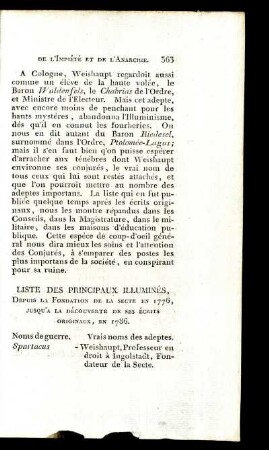 Liste des principaux Illuminées, depuis la fondation de la secte en 1776, jusqu'à la découverte de ses Écrits Originaux, en 1786.