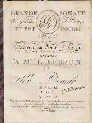 Grande sonate à quatre mains et pot pourri : pour clavecin où forte-piano : oeuvre 13