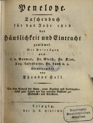 Penelope : Taschenbuch der Häuslichkeit und Eintracht gewidmet auf das Jahr .... 1816