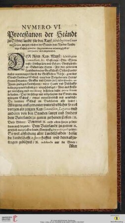 Nvmero VI: Protestation der Staendt zu Ostfrießlandt / fuer den Kays : subdelegirten Commissarien [...]