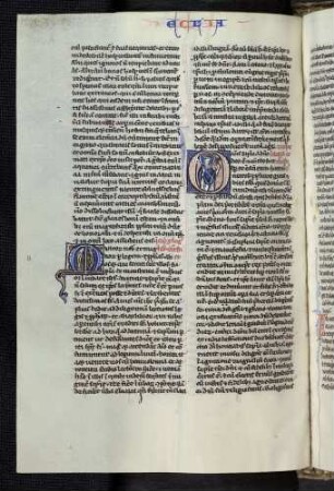 Zierinitiale (Prolog Ecclesiasticus): Multorum): Fische; historisierte Initiale (Buch Ecclesiasticus / Jesus Sirach): O(mnis sapientia a Deo Domino est): Ekklesia
