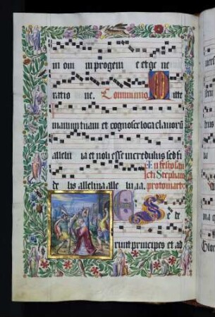 Zierseite mit Bordürenrahmen, Initiale: ES(ederunt), Miniatur: Steinigung des heiligen Stephanus