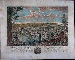 Prospekt des Fürstl. Reuss. Plauischen Schlosses Burgk an der Saale, mit der dabey liegenden Gegend von Morgen anzusehen