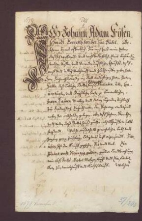 Kaufbrief über 2 Taue Matten und Aichbosch zu Riederspach, welche Johann Adam Eisenschmidt zu Bühl an den Prälaten des Klosters Schwarzach, Gallus, verkauft hat
