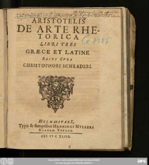 Aristotelis De Arte Rhetorica : Libri Tres Graece Et Latine