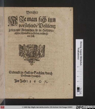 Bericht: Wie man sich inn vorstehende[n] Pestilentz zeiten mit Artzeneyen/ so in Holtzwirtischer Apothecken zu finden/ verwahren soll