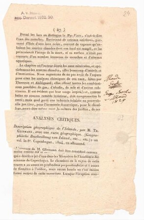 Analyses critiques - Description géographique de l'Islande, par M. Th. Gliemann, avec une carte géographique