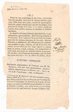 Analyses critiques - Description géographique de l'Islande, par M. Th. Gliemann, avec une carte géographique