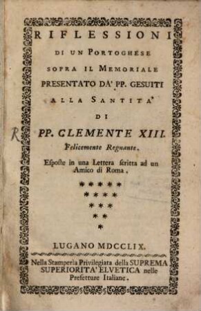Riflessioni di un Portoghese sopra il memoriale de'P.P. Gesuiti
