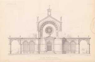 Neuer Friedhof, Karlsruhe: Ansicht Kapelle, Gruftenhallen und Durchfahrtsbogen (aus: Atlas zur Zeitschrift für Bauwesen, hrsg. v. G. Erbkam, Jg. 30, 1880)