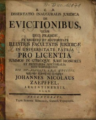 Dissertatio Inauguralis Iuridica De Evictionibus