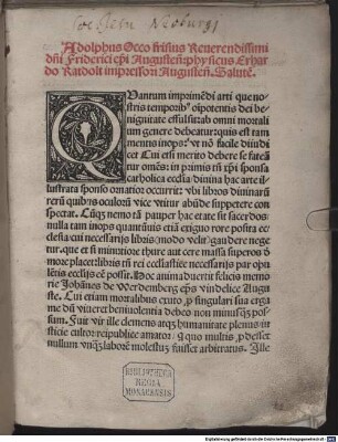 Obsequiale Augustense : im Auftrag von Friedrich II., Graf von Zollern, Bischof von Augsburg. Mit Widmungsbrief und Gedicht an Erhard Ratdolt von Adolf Occo