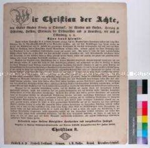 Mandat von Christian VIII. König von Dänemark und Herzog zu Schleswig und Holstein betreffend Erbfolge