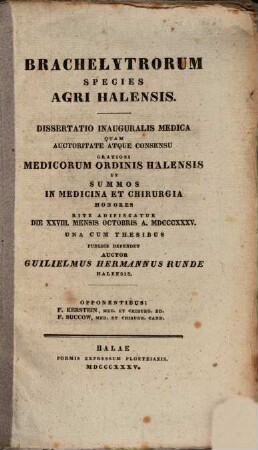 Brachelytrorum species agri Halensis : dissertatio inauguralis medica