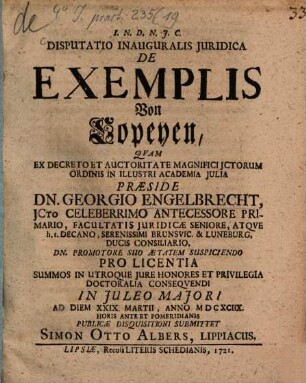 Disputatio Inauguralis Juririca De Exemplis, Von Copeyen