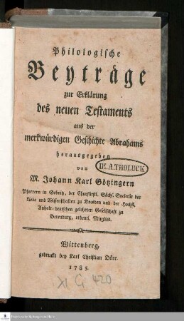 Philologische Beyträge zur Erklärung des neuen Testaments aus der merkwürdigen Geschichte Abrahams