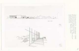 Volksbildungszentrum, Berlin-Moabit (Diplomarbeit bei Karl Wilhelm Ochs): Ansicht von Norden und Perspektivische Ansicht