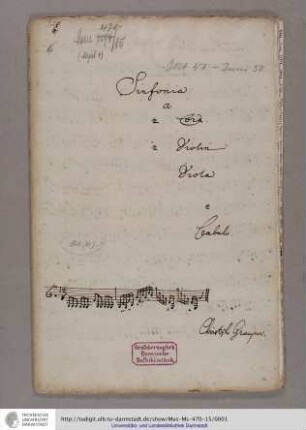 Sinfonia / a / 2 Corn. / 2 Violin / Viola / e / Cembalo. / [Incipit] / Christoph Graupner.