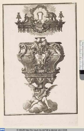 Kanzel von Engel getragen mit Monogramm und Baldachin