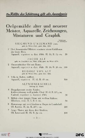 Ölgemälde alter und neuerer Meister, Aquarelle, Zeichnungen, Miniaturen und Graphik (Nr. 1-135)
