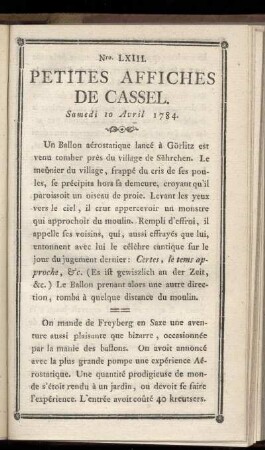 No LXIII (Samedi 10 Avril 1784)