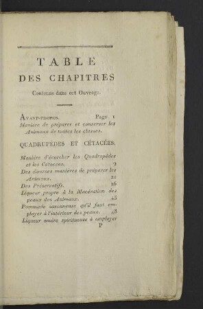 Table des Chapitres.
